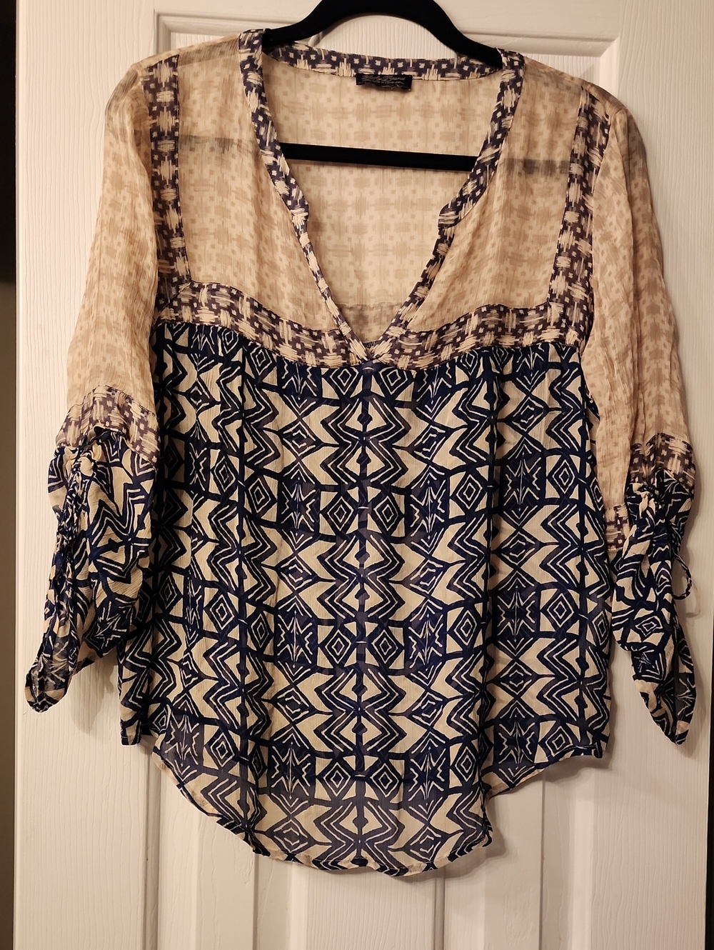 Lucky Brand Navy and Cream Geometric Boho Blouse
